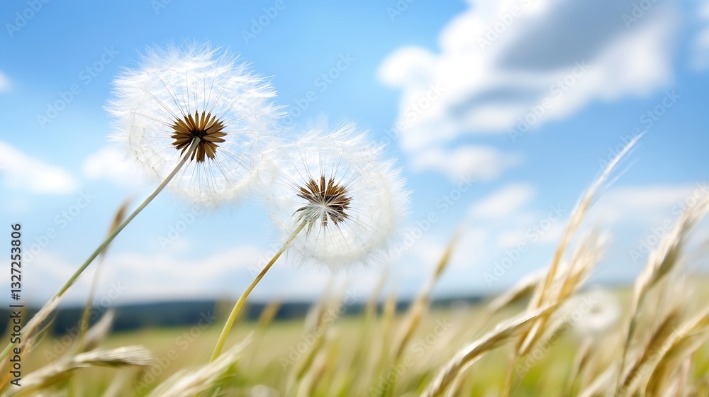 Poster close up of delicate dandelion seeds blowing in the wind against a bright blue sky : generative ai