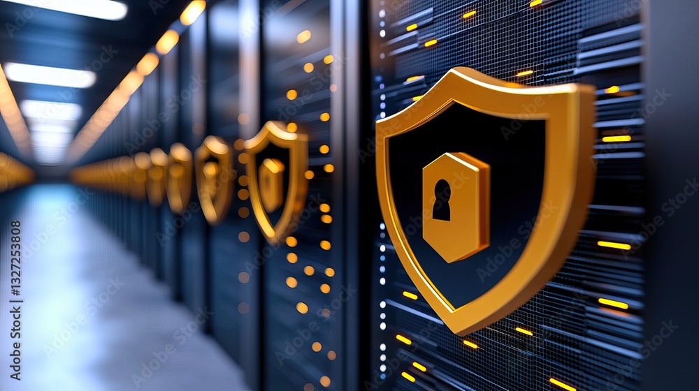 Poster a modern server room featuring rows of servers with protective shields, symbolizing data security an