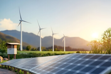 Obraz premium Renewable energy landscape with wind turbines and solar panels in mountainous setting at sunset