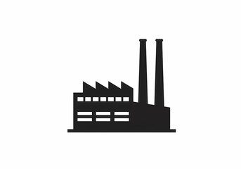 Obraz premium Black factory icon, silhouette design, industrial building with two chimneys, white background, simple graphic representation, minimalist symbol and illustration, conveying manufacturing and industry