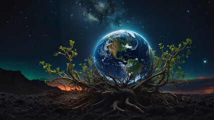 Obraz premium Earth surrounded by roots and stars in a cosmic landscape