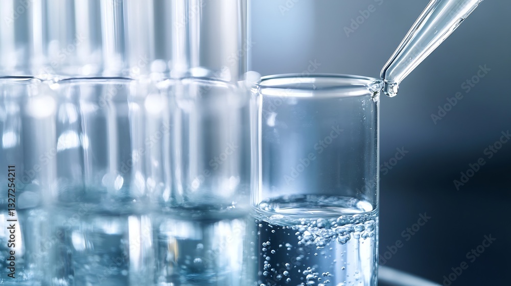 Poster precision pipetting in laboratory with clear water solution in glass test tubes : generative ai