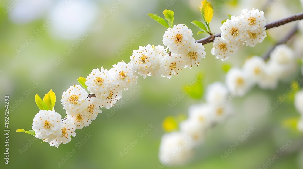 Poster delicate white flowers blooming in spring with soft green background image : generative ai