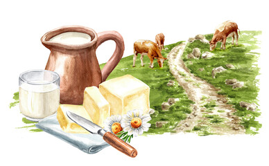 Rustic natural dairy products against the backdrop  of alpine meadows and cow herds. Hand  drawn watercolor illustration, isolated on white background