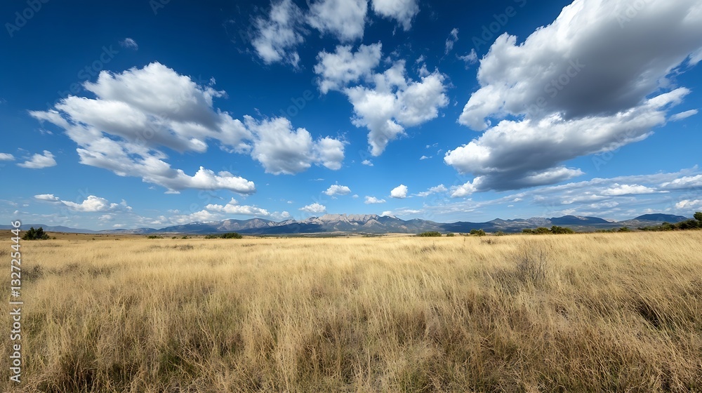 Poster expansive golden grass field under a bright blue sky with fluffy clouds : generative ai