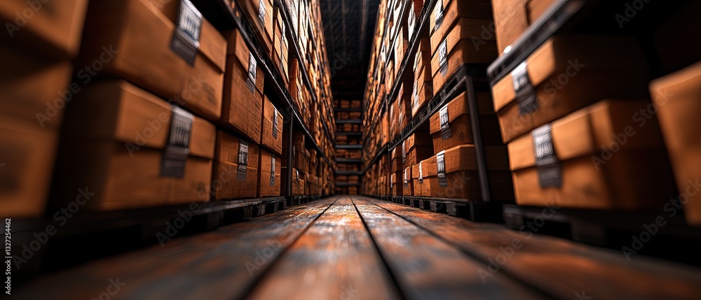 Aufkleber a narrow aisle lined with wooden crates, creating a sense of depth and perspective in a storage or w