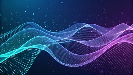 digital wave with glowing mesh and particles on dark blue space background, abstract technology network