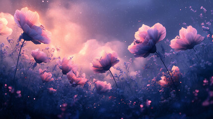 Dreamy Glowing Flowers in a Mystical Night Garden with Ethereal Lighting and Soft Fantasy Atmosphere

