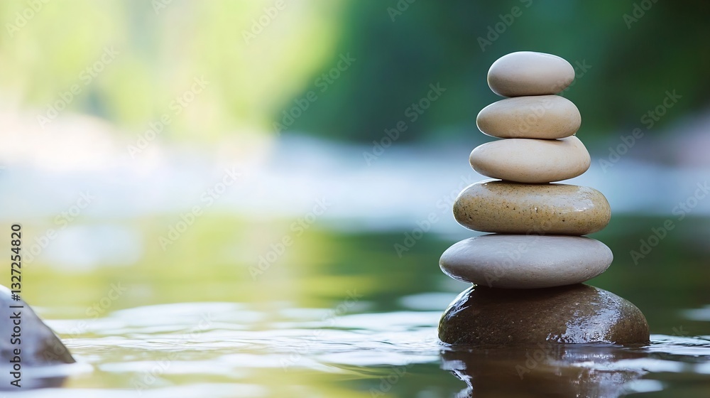 Poster stacked smooth stones balancing on water during a serene bright day in nature : generative ai