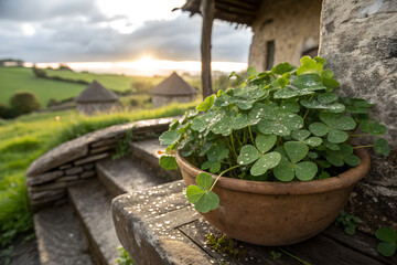 Rustic clay pot filled with fresh clover, dewdrops on leaves in golden evening sunlight, countryside atmosphere