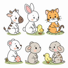 Collection Cute Cartoon Animals: Cow, Rabbit, Tiger, Koala, Dog, Cat, Mouse, Water Buffalo, Sheep, Horse, Frog, Hen, Chick & Eggs