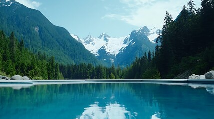 Obraz premium Scenic Mountain Landscape Reflecting in Calm Water with Clear Blue Sky and Lush Greenery