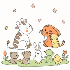 Collection Cute Cartoon Animals: Cow, Rabbit, Tiger, Koala, Dog, Cat, Mouse, Water Buffalo, Sheep, Horse, Frog, Hen, Chick & Eggs