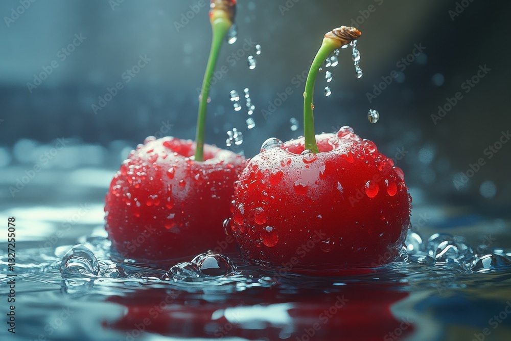 Poster fresh cherries splash in water creating a vibrant and refreshing scene with droplets frozen in motio