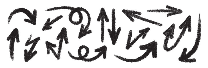 Crayon style vector set of hand-drawn arrows in black. Rough, sketchy texture gives a bold and dynamic look. Perfect for infographics, presentations, notes, or collage. Isolated on a white background.