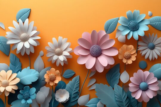 Colorful floral arrangement with daisies and leaves against a vibrant orange background