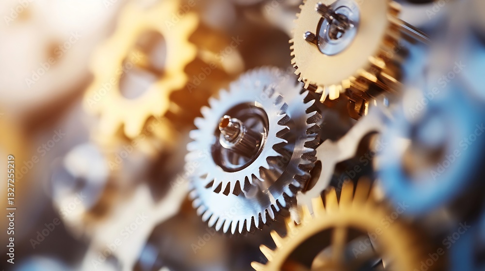 Poster intricate closeup of golden mechanical gears in motion creating a complex machinery system : generat