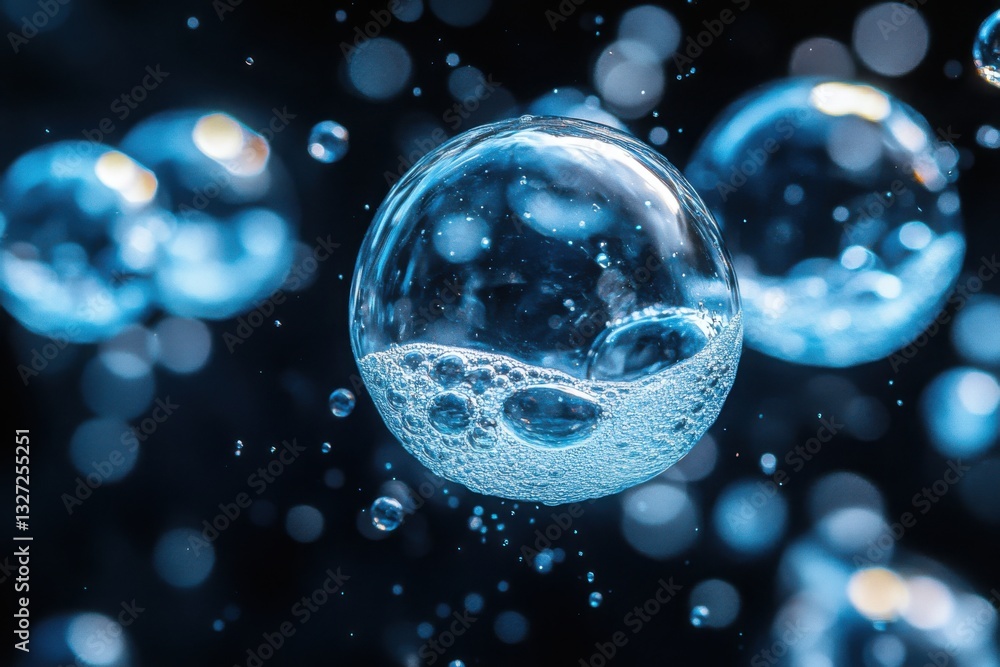 Poster abstract water bubble macro highlighting surface tension and intricate formations in transparent sph