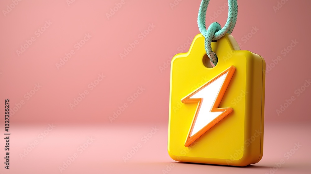 Poster a brightly colored yellow tag with a lightning bolt design, suspended from a string against a soft p