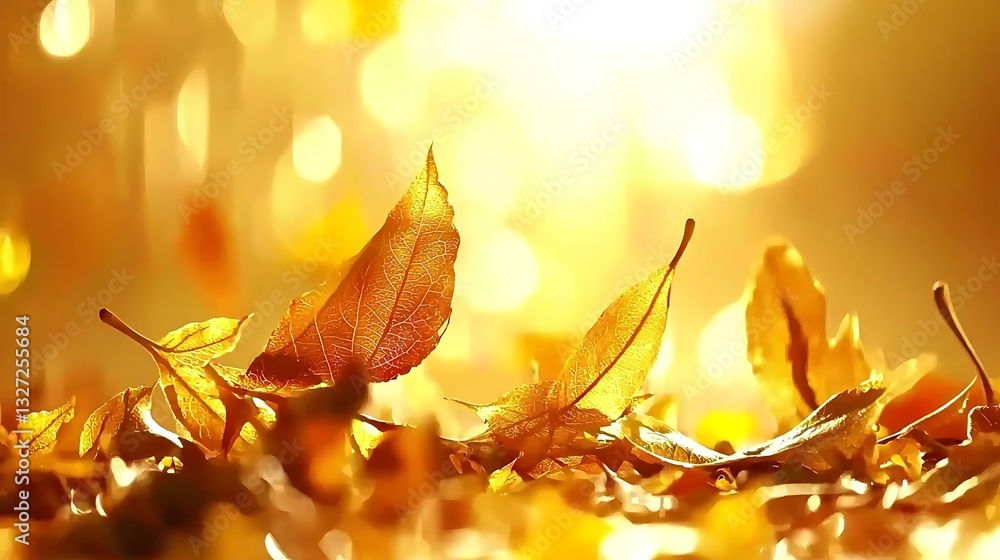 Poster sunlit autumn leaves on ground with warm glow creating a serene nature background