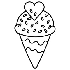 Sweet Ice Cream Cone Line Art with Spiral Texture and Heart Toppings
