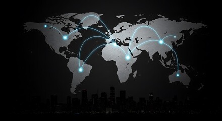 A stylized world map displays a glowing network connecting major cities against a dark cityscape backdrop  The image evokes themes of global communication technology and international business