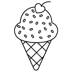 Sweet Ice Cream Cone Line Art with Spiral Texture and Heart Toppings