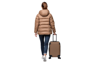 Woman in winter jacket walking with suitcase, isolated on transparent background