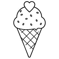 Sweet Ice Cream Cone Line Art with Spiral Texture and Heart Toppings