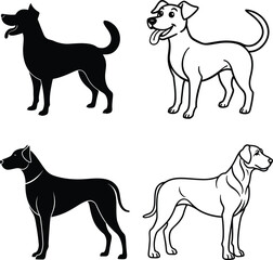 Four Dog Breed Silhouettes Black, White, Outline, Canine
