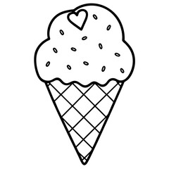 Sweet Ice Cream Cone Line Art with Spiral Texture and Heart Toppings
