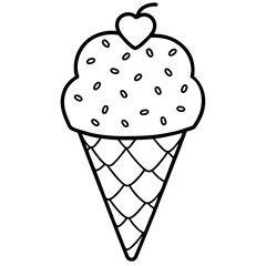 Sweet Ice Cream Cone Line Art with Spiral Texture and Heart Toppings