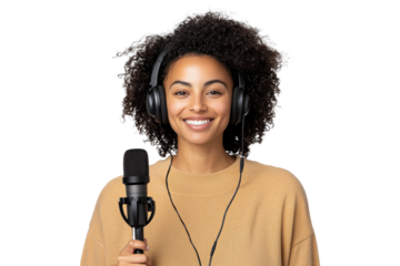 Smiling woman wearing headphones and holding microphone, isolated on transparent background