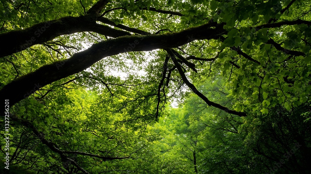 Aufkleber Lush Green Tree Canopy with Sunlight Filtering Through in a Tranquil Forest Scene : Generative AI