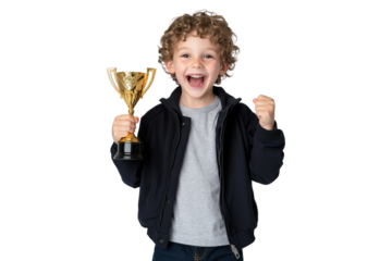Smiling boy holding trophy with raised fist, isolated on transparent background