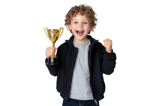 Smiling boy holding trophy with raised fist, isolated on transparent background