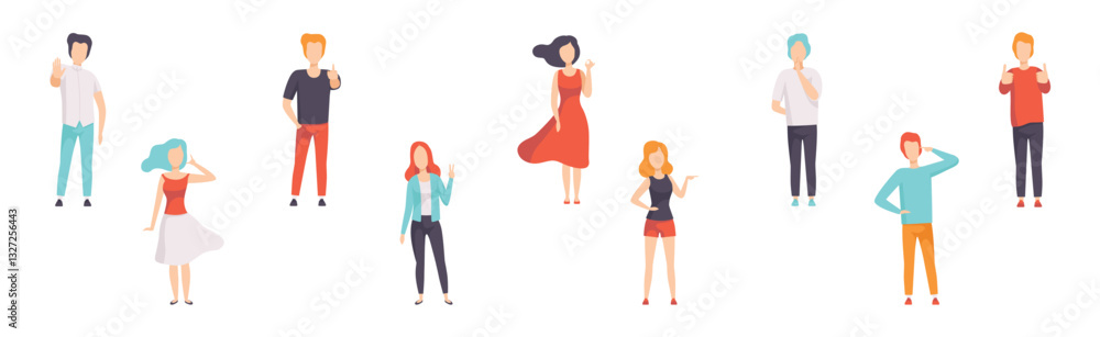 Poster people character showing different hand gesture expressing emotion with body language vector set