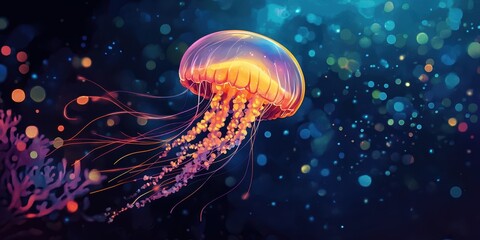 Fototapeta premium A Colorful Jellyfish Swimming in a Dark and Mysterious Underwater Scene