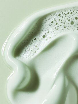 Light green cosmetic cream foam texture background creating bubbles