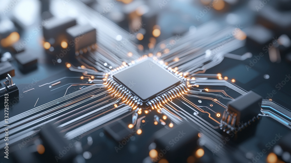 Poster high tech microchip with glowing circuits and connections, showcasing modern technology and innovati