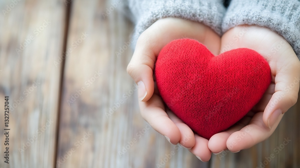Poster a pair of hands cradling a red heart symbolizing love and warmth on a rustic wooden background : gen
