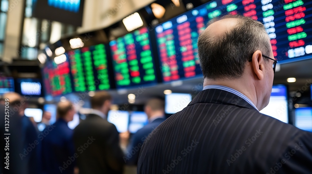 Poster business professionals discussing stock market trends with displays of financial data in the backgro