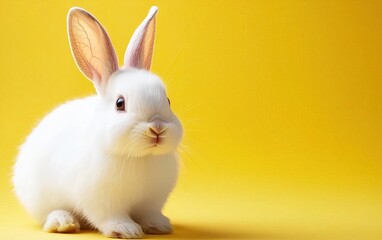 Fototapeta premium A fluffy white rabbit sits against a bright yellow background, showcasing its cute features and playful demeanor.