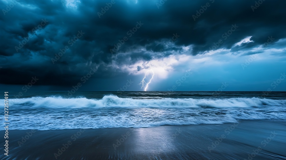 Aufkleber dramatic stormy beach scene with lightning illuminating dark clouds and crashing waves : generative 