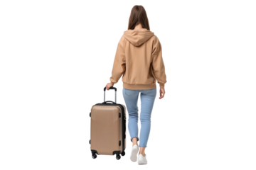 Woman with suitcase walking away, isolated on transparent background