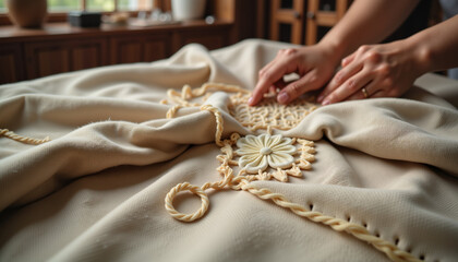 Intricate stitching on fabric in warm workshop, showcasing craftsmanship