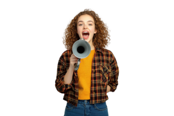 Young woman shouting into megaphone, isolated on transparent background