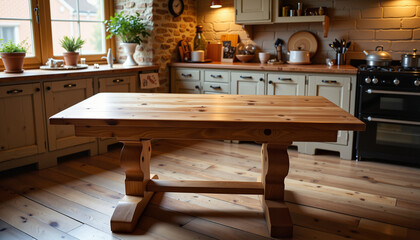 Rustic vintage oak dining table in warm kitchen setting, comfort