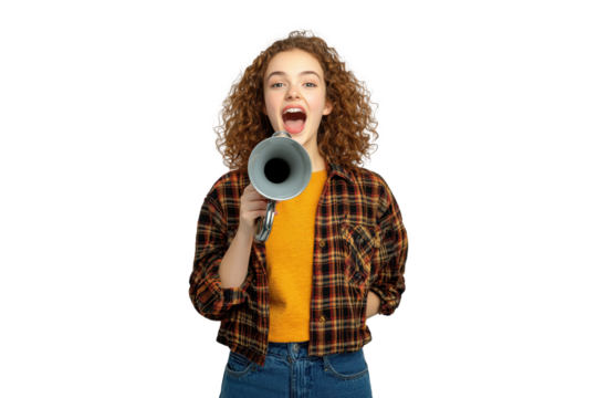 Young woman shouting into megaphone, isolated on transparent background