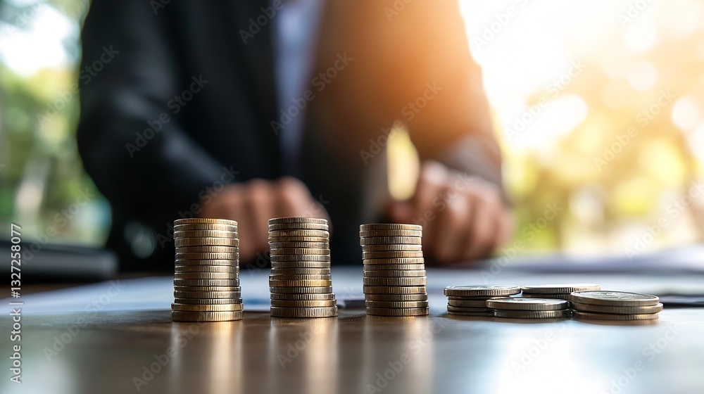 Poster close up of stacked coins on a desk with businessman in the background emphasizing financial growth 